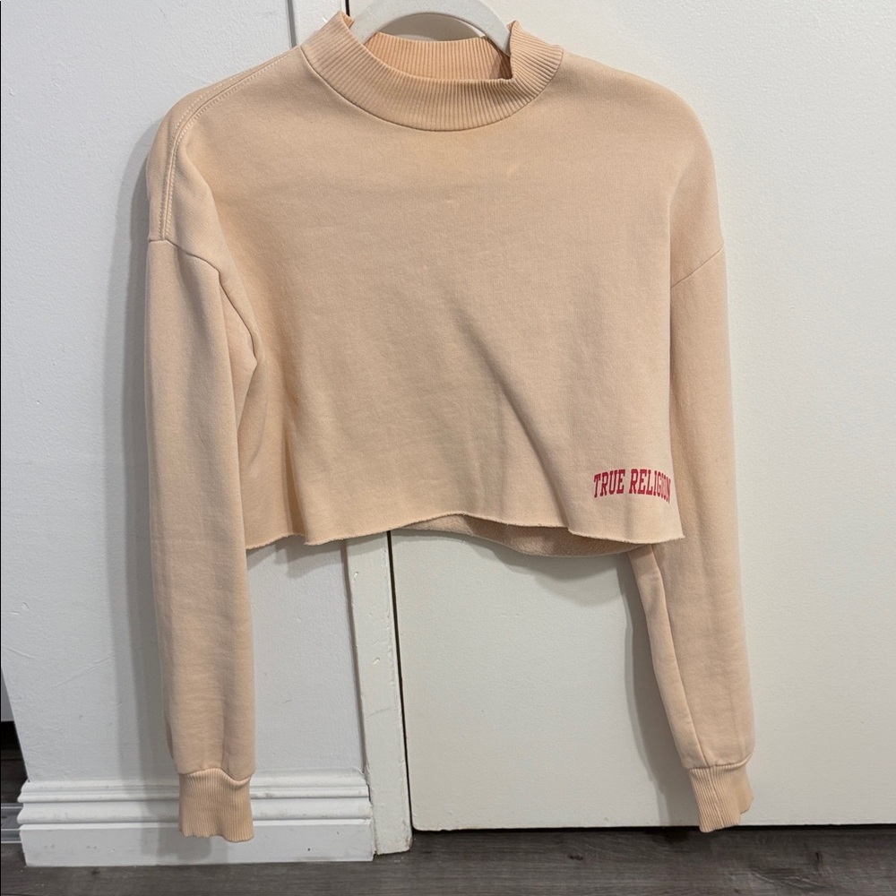 True Religion Cropped Mock Neck Sweatshirt in Peachy Nude with Red Logo